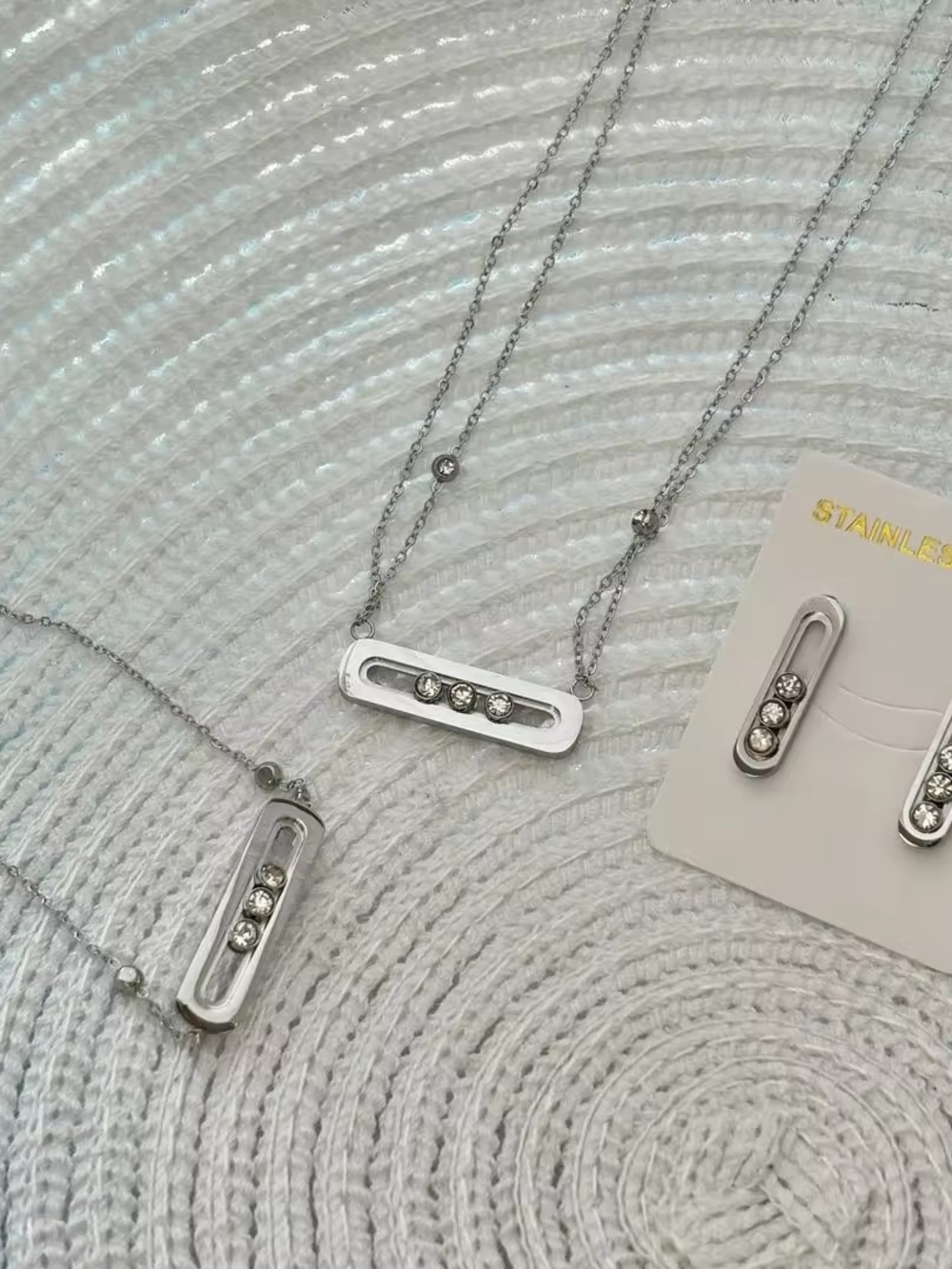 Silver Bar Pendant Necklace with Crystals - Women Jewelry